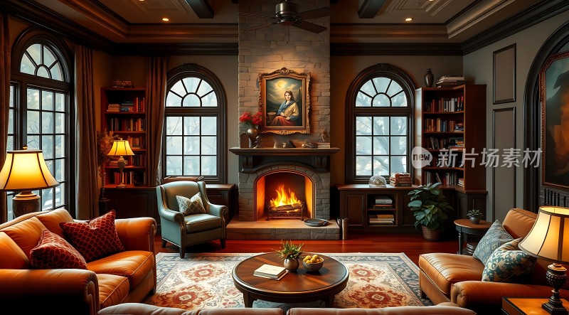 温馨壁炉客厅舒适沙发与书架