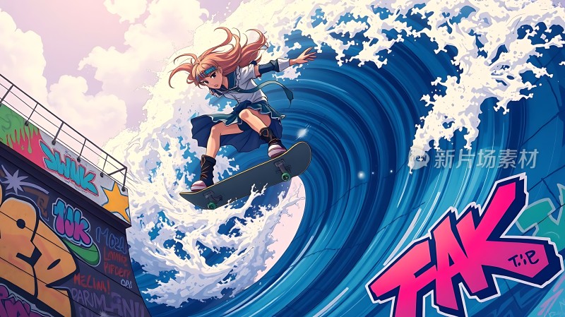 浪花上的少女滑板者