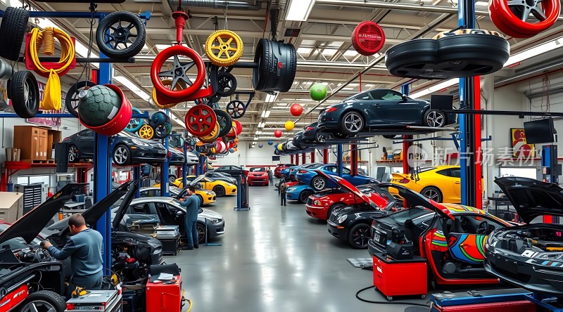 汽车维修车间色彩斑斓的车轮和整齐排列的车辆