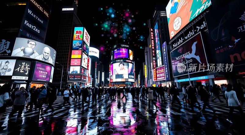 繁华都市夜景霓虹闪烁人群熙攘