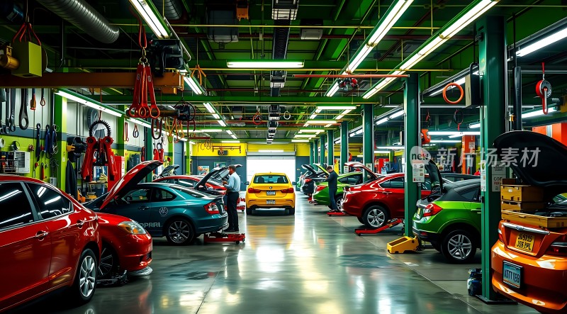 汽车维修车间色彩斑斓的车间里工人们忙碌着各种工具和设备一应俱全