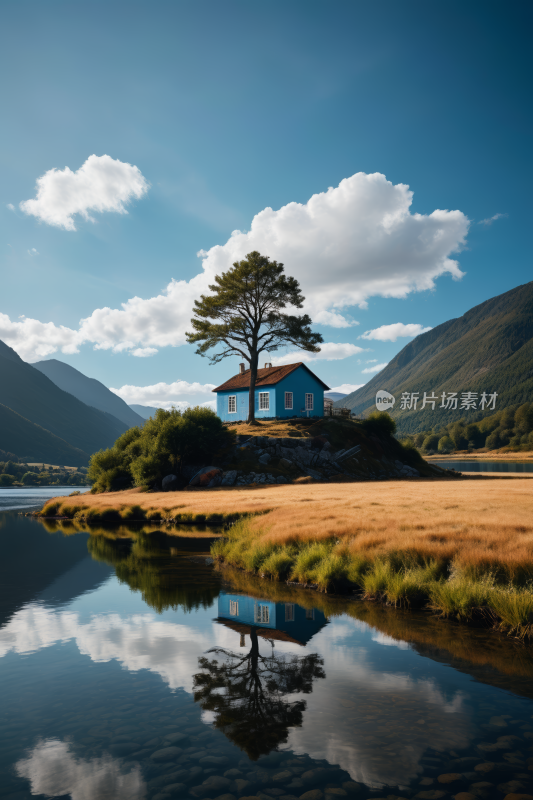 湖中央的一个小岛上一座小房子高清风景图片