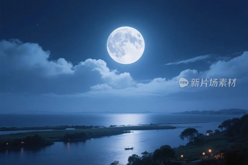 夜晚湖面满月风景