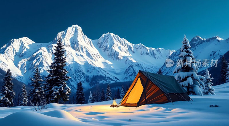 雪地帐篷与雪山美景