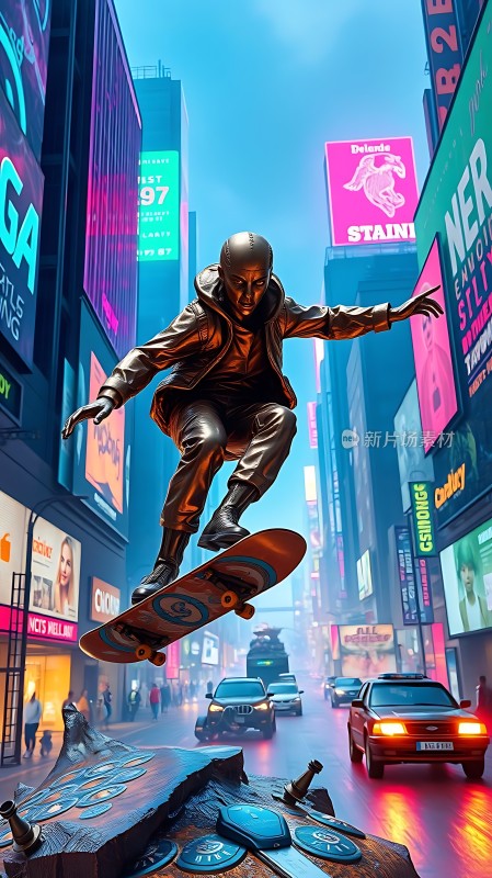 滑板少年飞跃城市街头