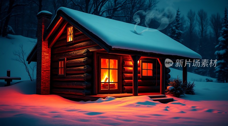 雪夜小木屋温馨灯光