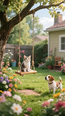 小猫荡秋千小狗仰望