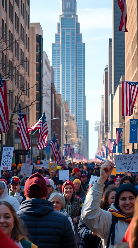 感恩节游行美国国旗飘扬人群聚集庆祝节日