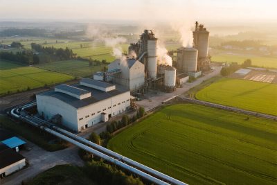 农田旁工业设施航拍图