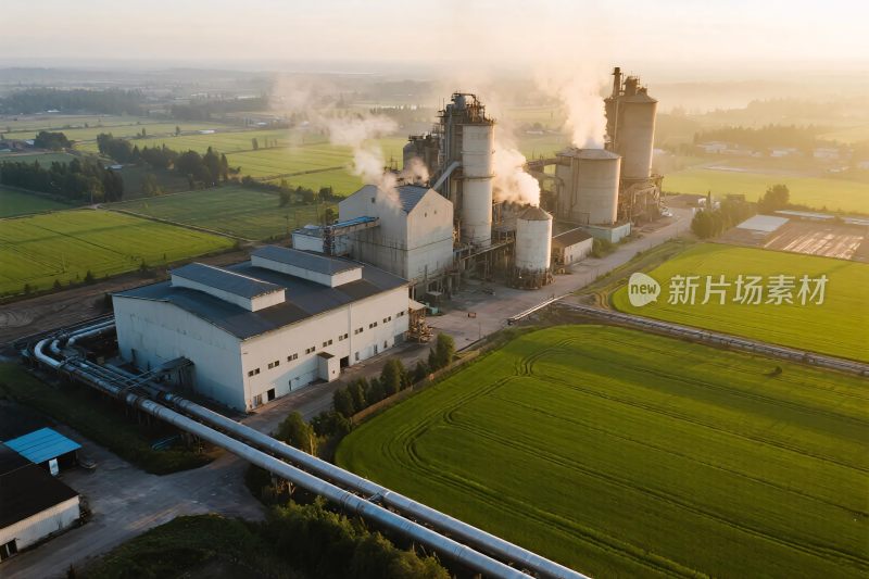 农田旁工业设施航拍图