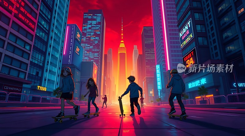 霓虹城市滑板少年