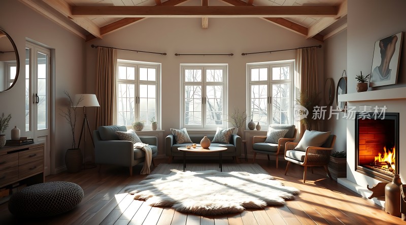 阳光明媚的现代客厅温馨舒适家具简约大方