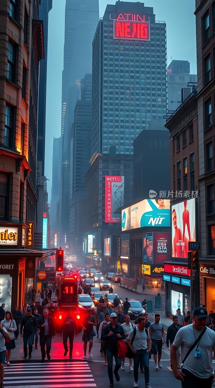 繁华都市夜景霓虹闪烁车水马龙人群熙攘