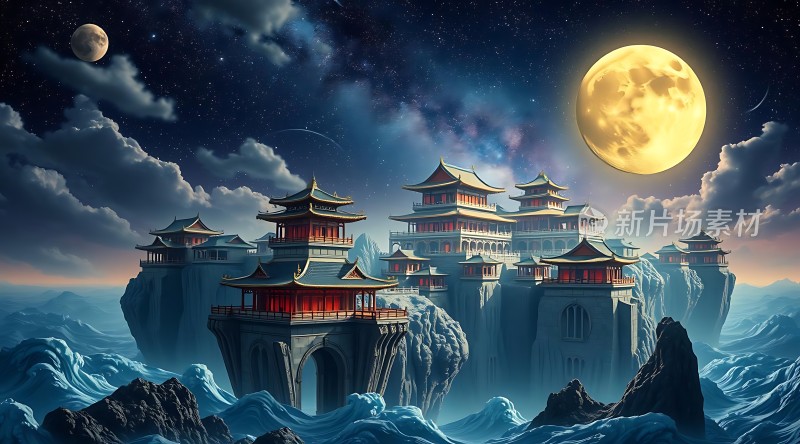 仙山楼阁夜月图