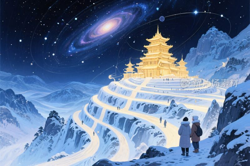雪山古建筑星空插画