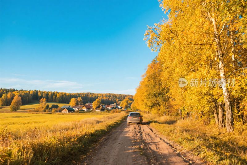 秋日乡间路上行驶的汽车