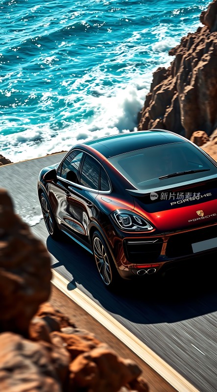 保时捷汽车行驶在沿海公路上