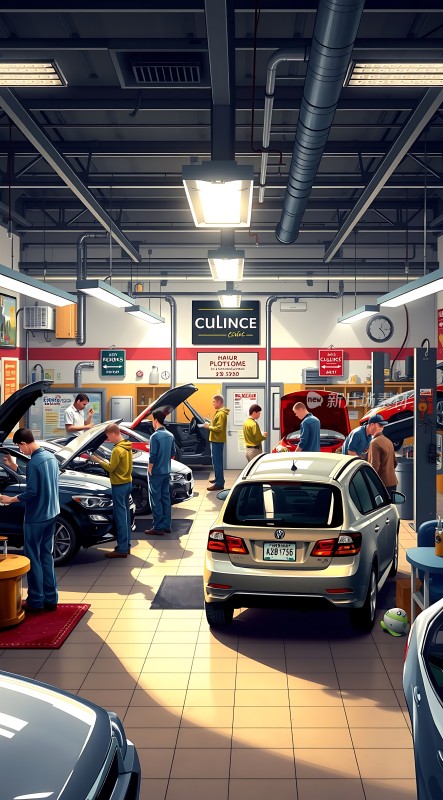 汽车维修车间里的繁忙工作场景