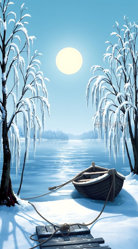 冰封湖畔小船静卧