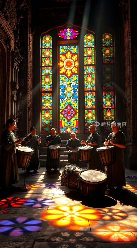 僧侣在彩色玻璃窗前演奏打击乐器