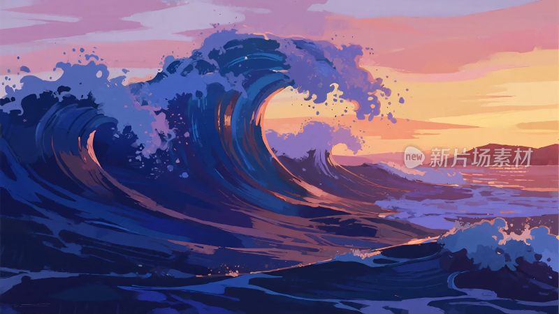 海边壮丽的日落海浪景象