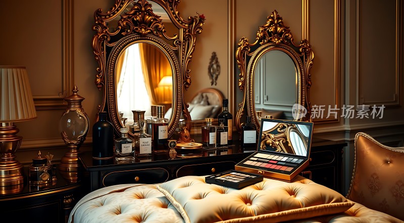 金色镜框与化妆台上的化妆品