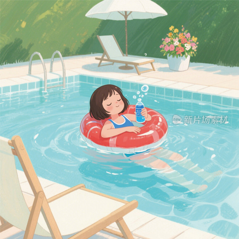 夏天节气游泳池女孩手绘插画