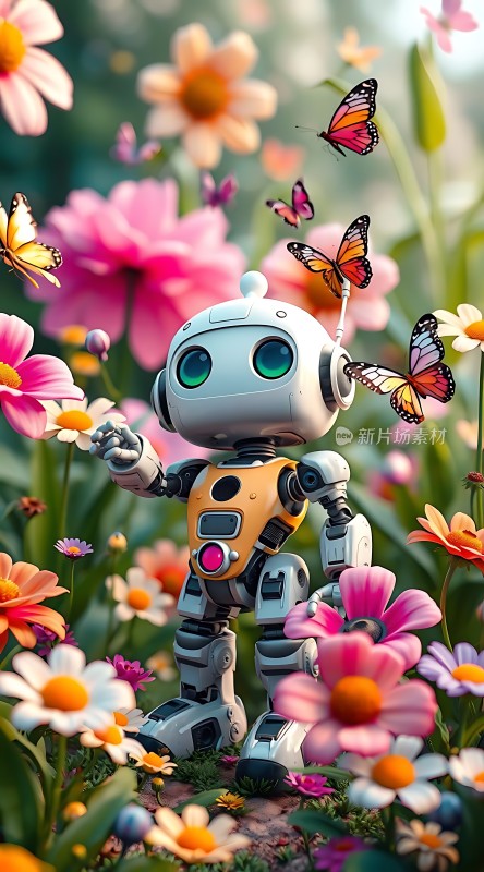 机器人与蝴蝶共舞于花丛间