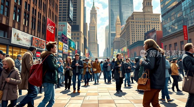 繁华都市街头行人熙攘高楼耸立广告牌林立
