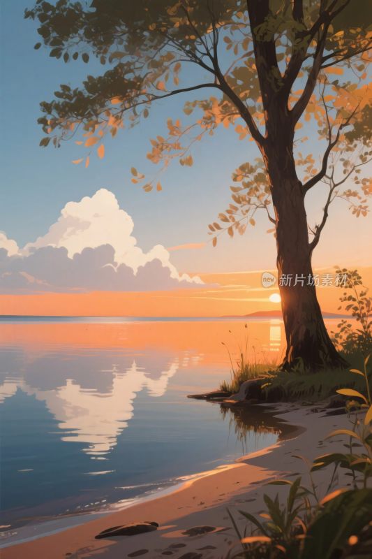 海边日落风景插画