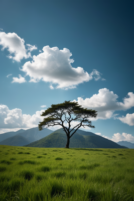 一片草地高山一棵孤树高清风景图片