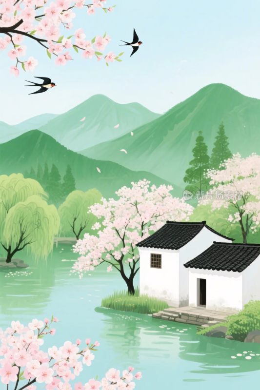 春日山水田园插画