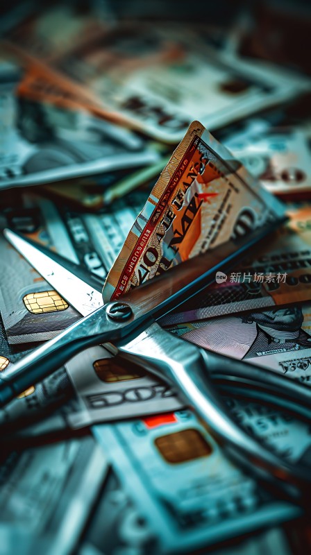 剪刀剪碎信用卡和美元钞票