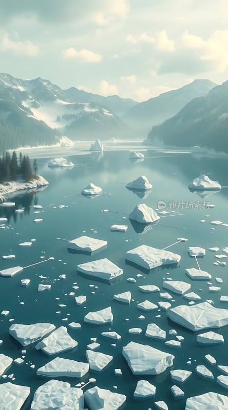 冰封湖面雪峰环绕