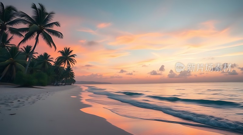 椰林晚霞映碧波