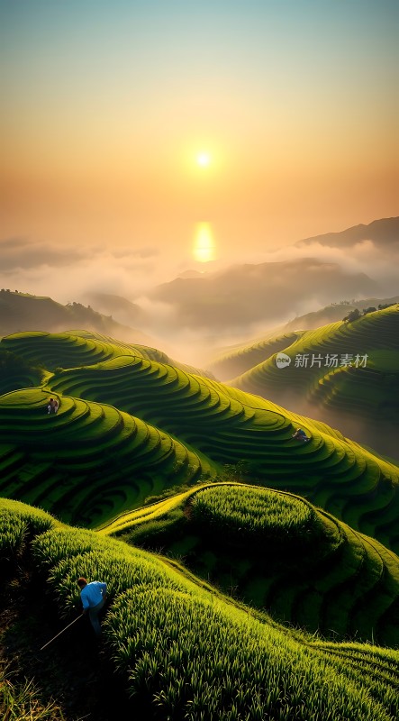 梯田晨曦阳光洒满大地