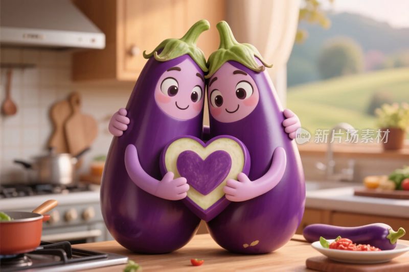 卡通茄子情拥抱形象