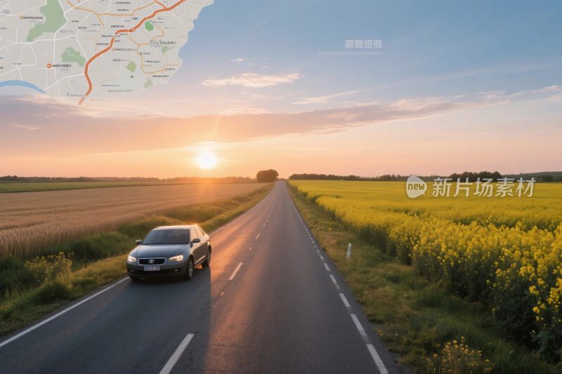 公路边夕阳下的风景车景