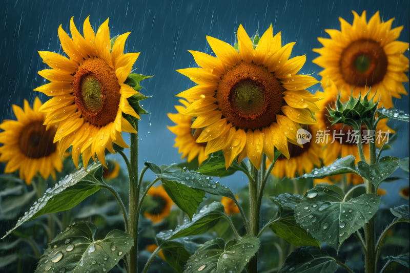 雨中田野里有很多向日葵高清风景风光图片