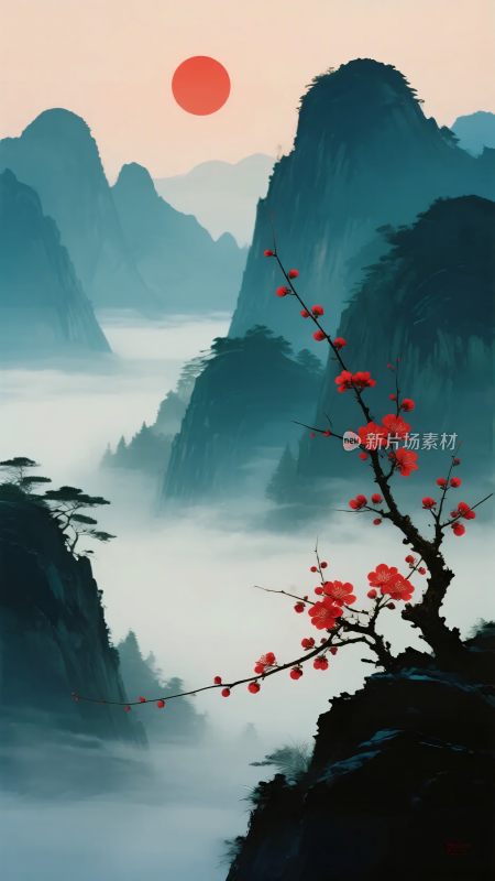 山间红梅映红日美景