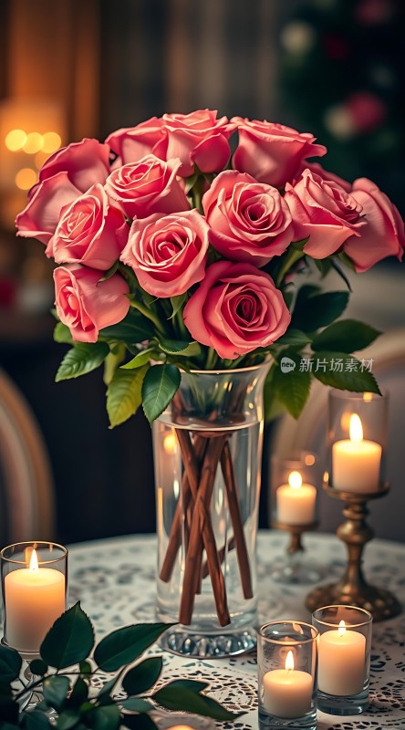 温馨烛光映玫瑰