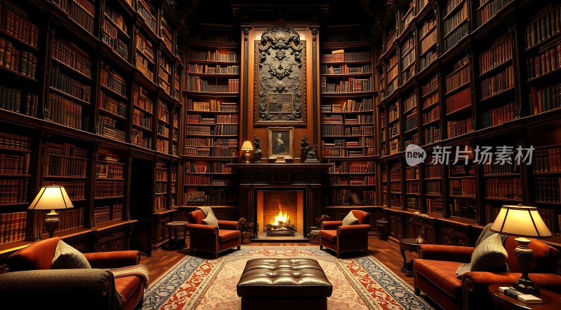 古色古香的书房书架、壁炉和沙发椅