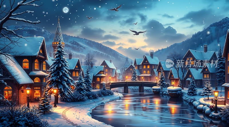 雪夜小镇温馨宁静