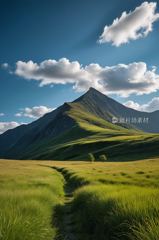 草地一条小路通向的一座高山清风景图片