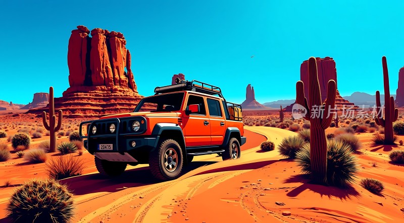 沙漠探险之旅橙黑越野车穿越红岩峡谷