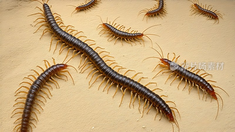 七只蜈蚣在黄色地面上爬行