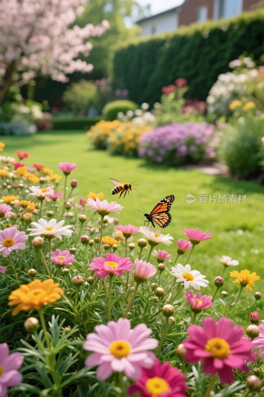 花园中的蝴蝶与花丛