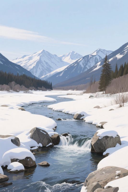 雪山溪流雪景风景