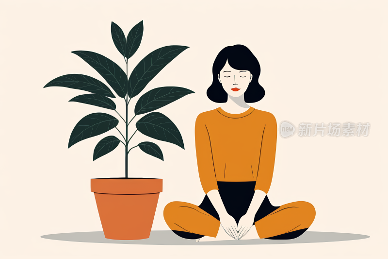 在盆栽植物前的女人的插图图片