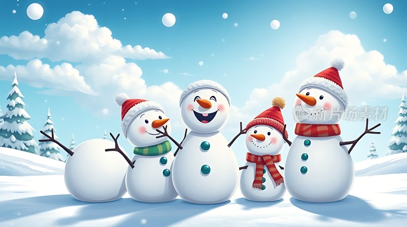 雪人一家在雪地中欢聚